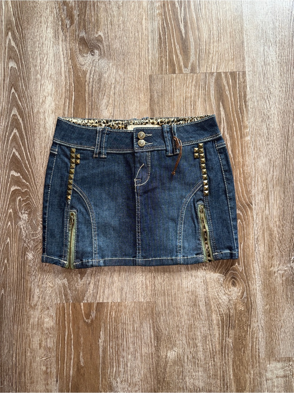 Vintage Y2K Denim Mini Skirt with Gold Stud & Zipper Detail
